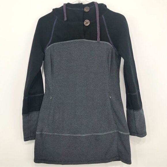 Prana Black Gray Colorblock  Drawstring Hood Cozy Long sleeve Tunic Fleece - Picture 2 of 15